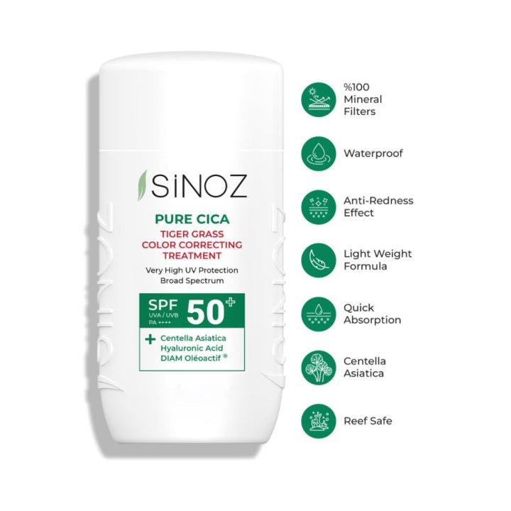 Коригиращ флуид за лице с цвят и успокояващо действие Sinoz Pure Cica Tiger Grass SPF50+ – 50 мл