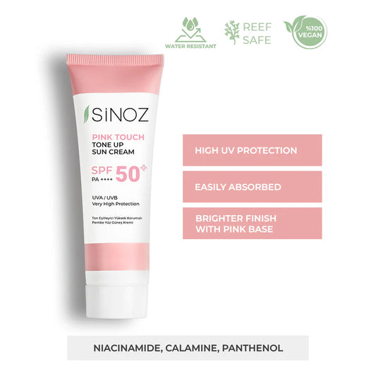 Слънцезащитен крем с коригиращ и озаряващ ефект - Sinoz Pink Touch Tone Up Sun Cream SPF 50+ - 50мл