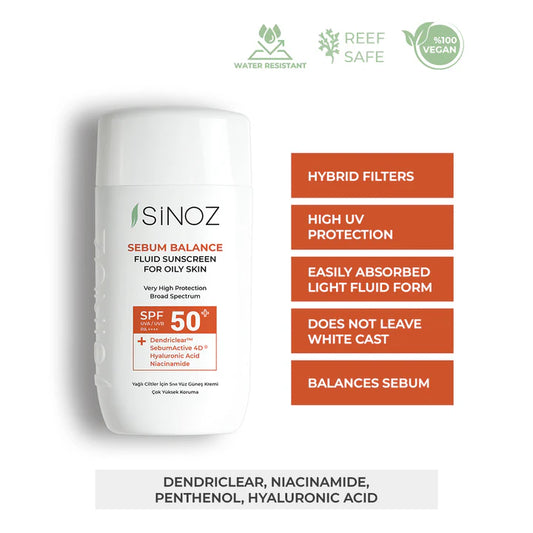 Матиращ слънцезащитен флуид за мазна и комбинирана кожа - SINOZ Sebum Balance Fluid SPF 50+ – 50мл